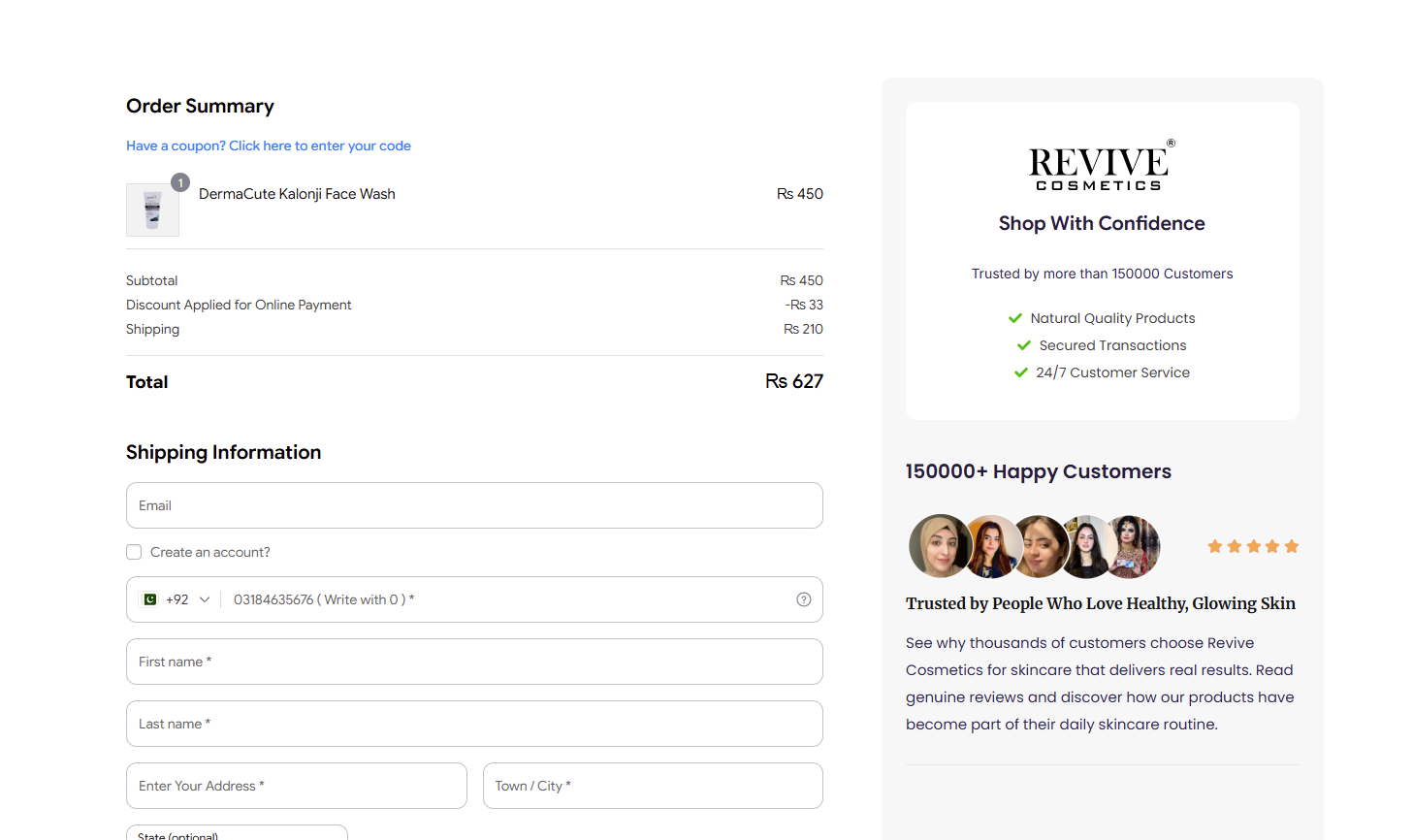 Revive Cosmetics checkout and order flow