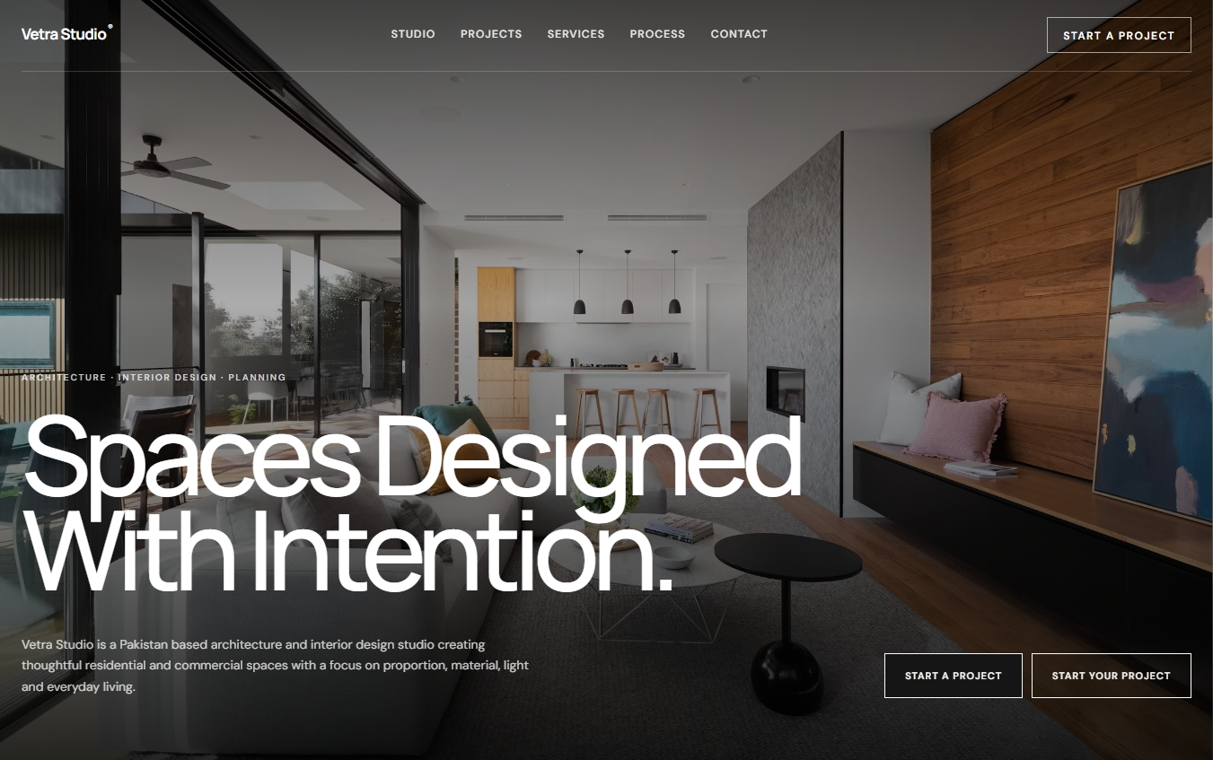 Vetra Studio premium architecture and interior design portfolio website designed by Nuevell